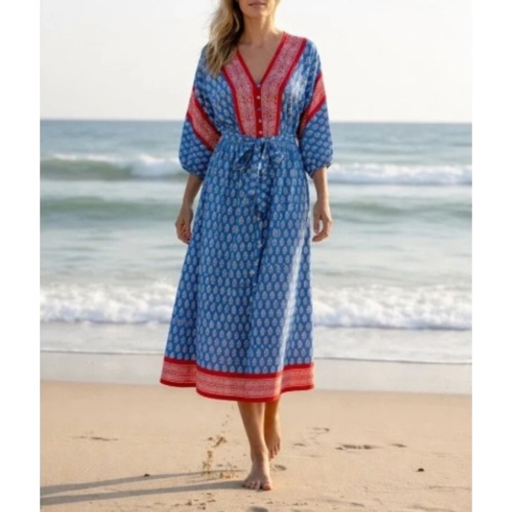 J. Crew Beachwear Blue Red Floral Block‎ Print Midi Dress Tie Waist Women's XS